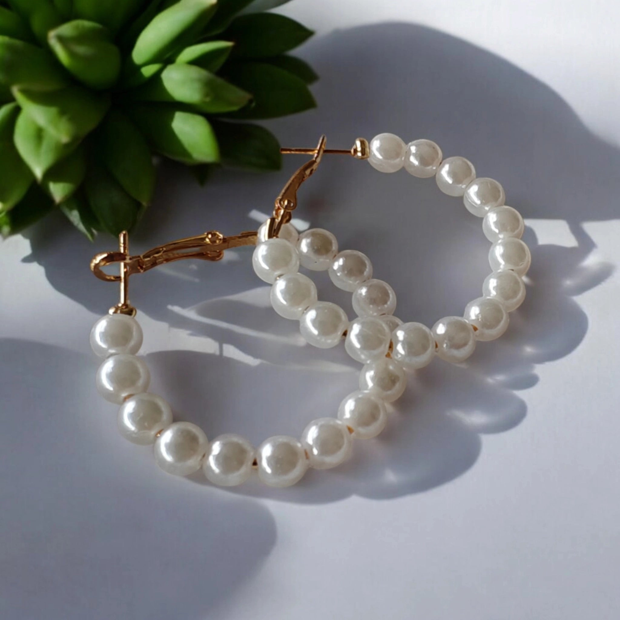 pearl ring gold hoops earrings | medium size