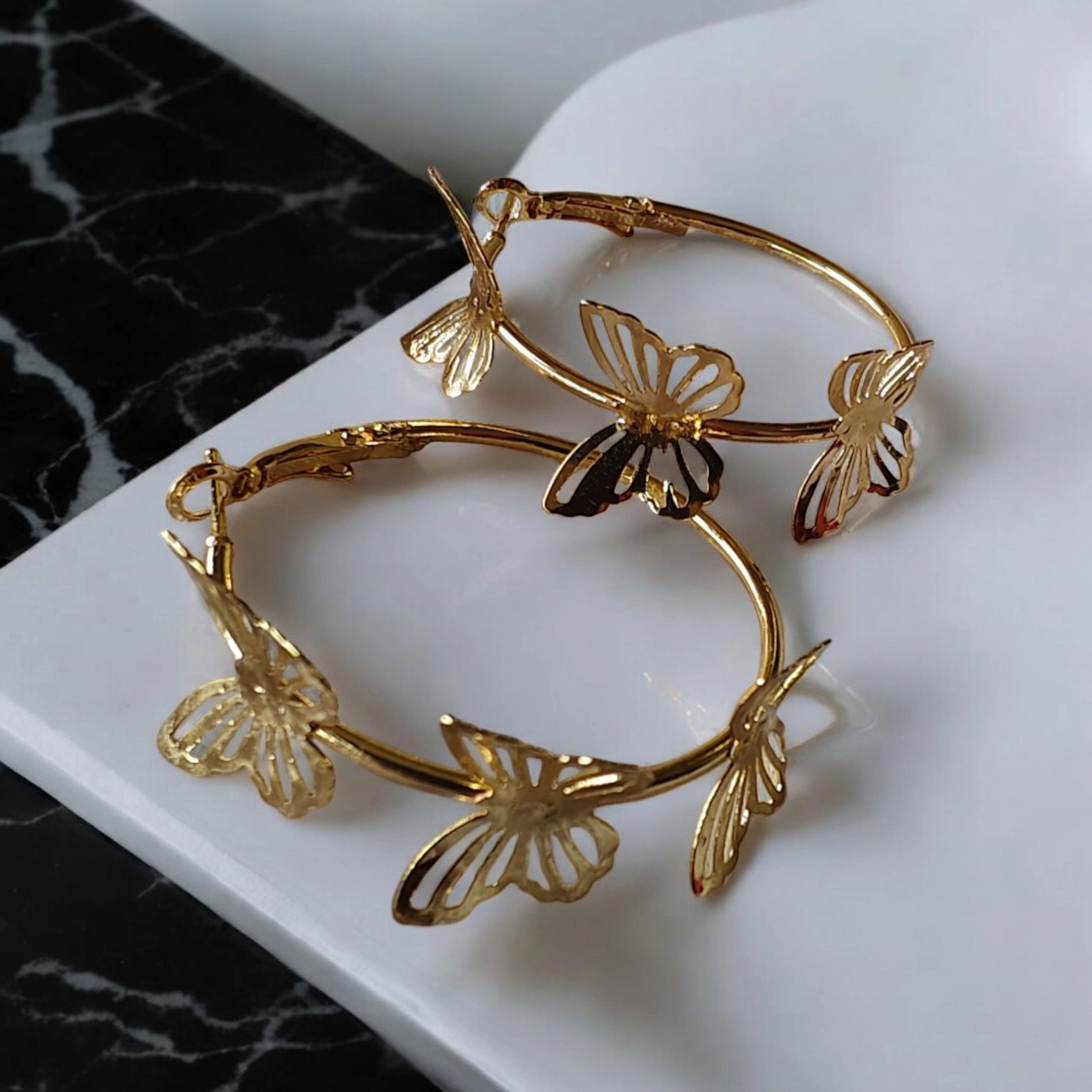 butterfly ring gold hoops earrings | medium size