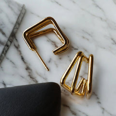 3 layers diamond shape gold hoops earrings | small size