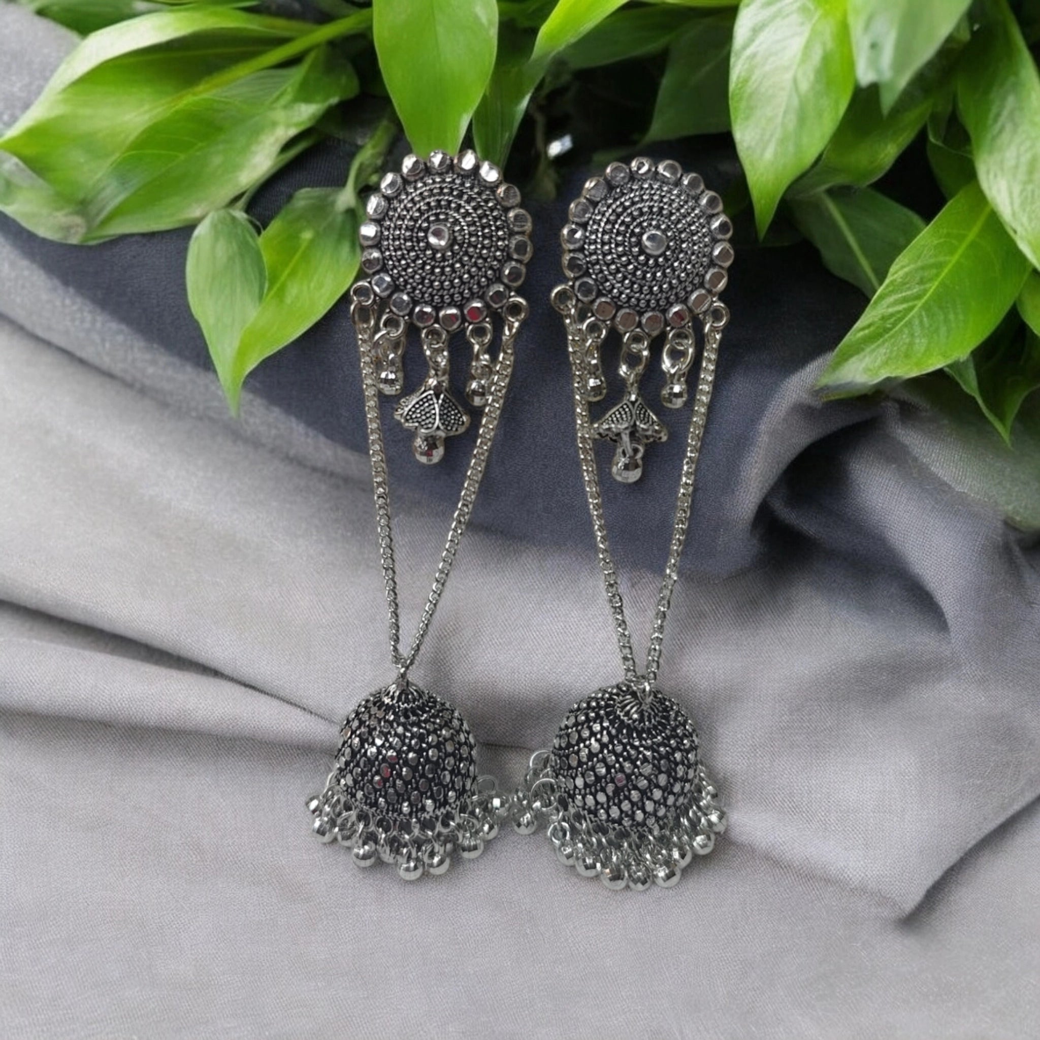 latest style oxidised chain jhumki earrings