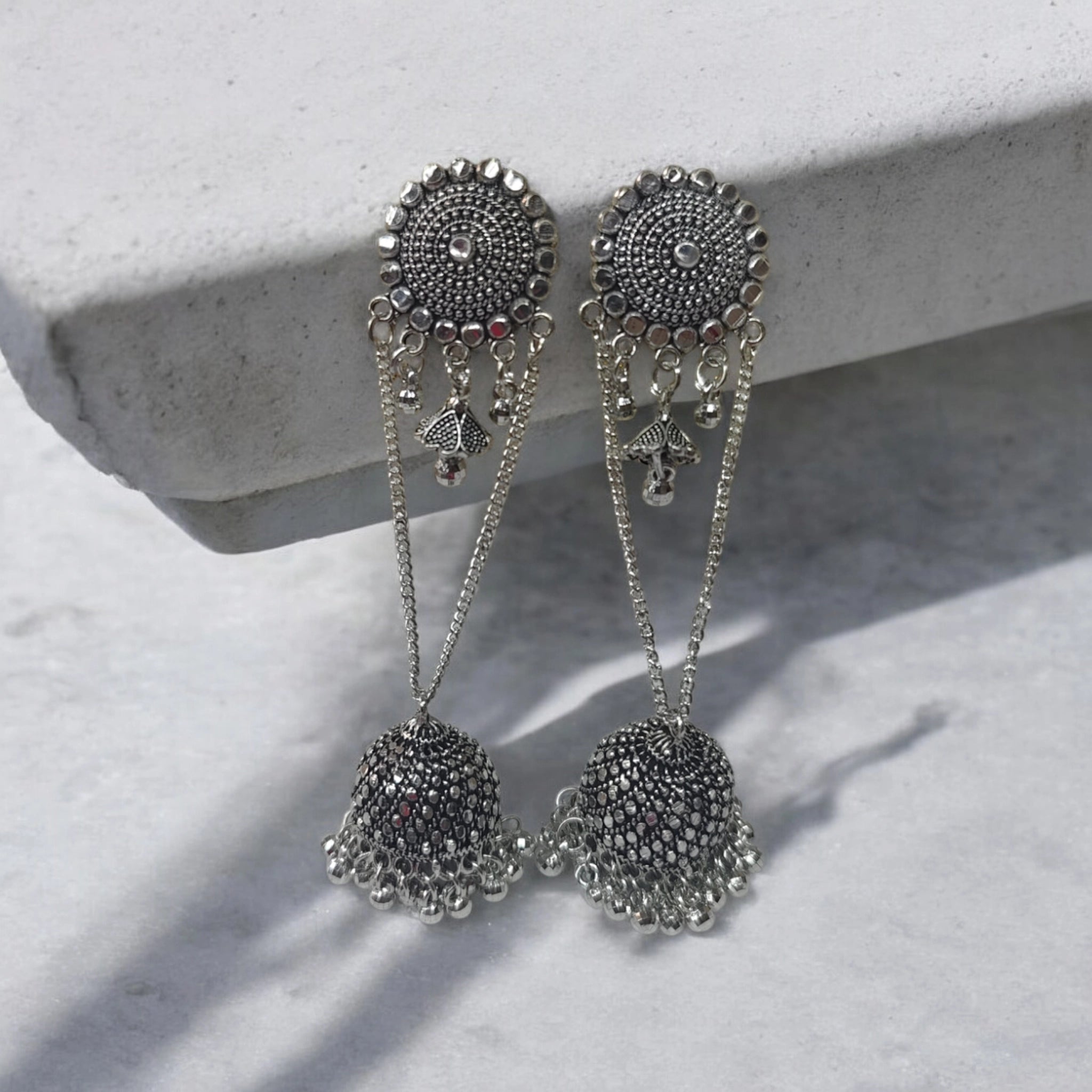 latest style oxidised chain jhumki earrings