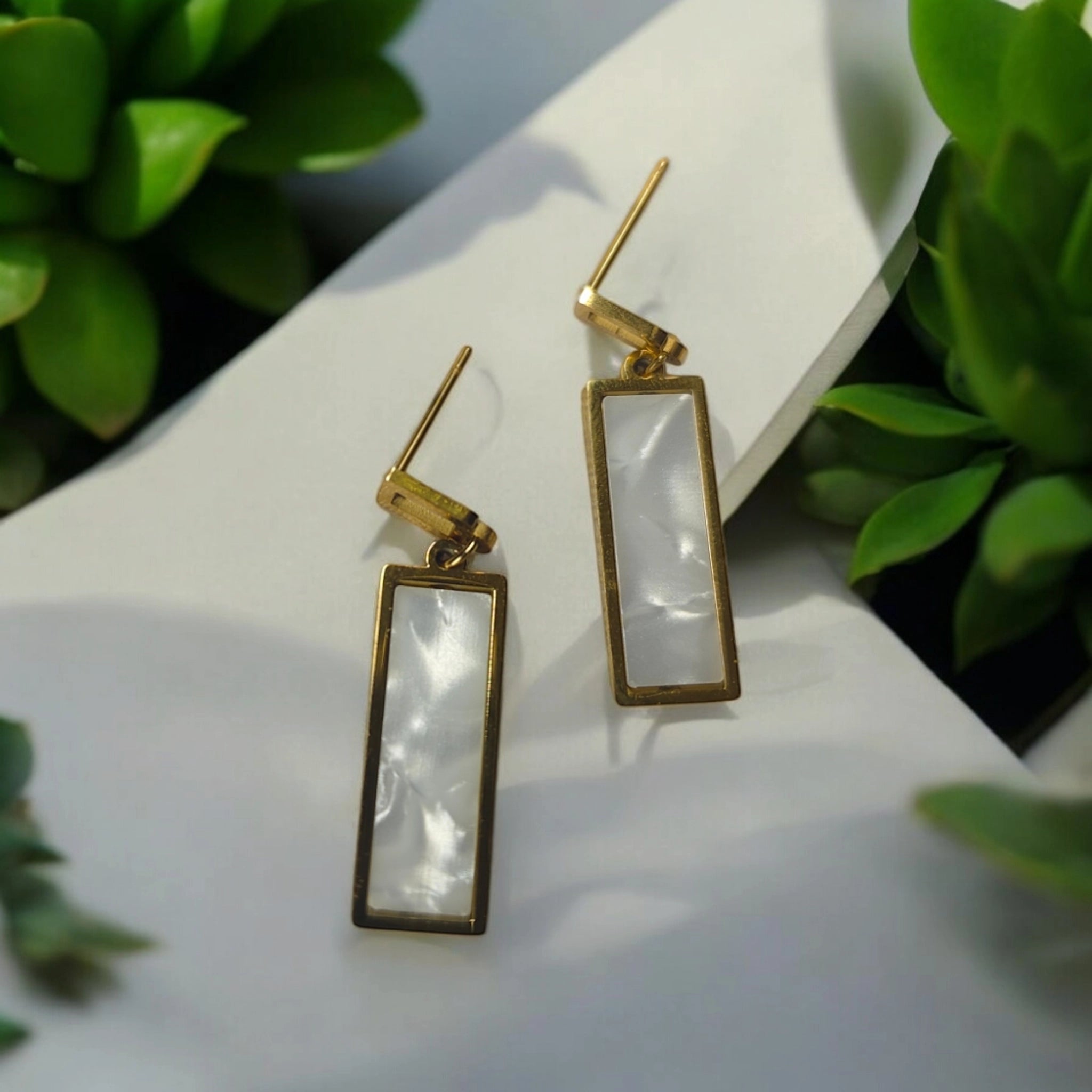 Square Earrings with elegant white resin inserts | Stainless Steel